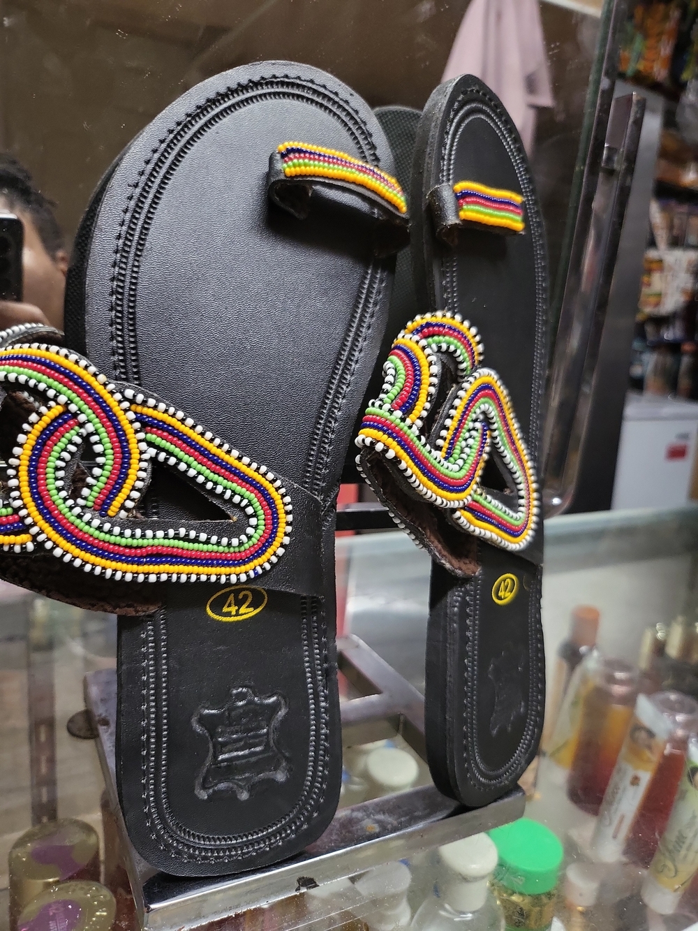 African Maasai Beaded Black Leather Sandals with Multicolor Beadwork Size 11 - Picture 3 of 7